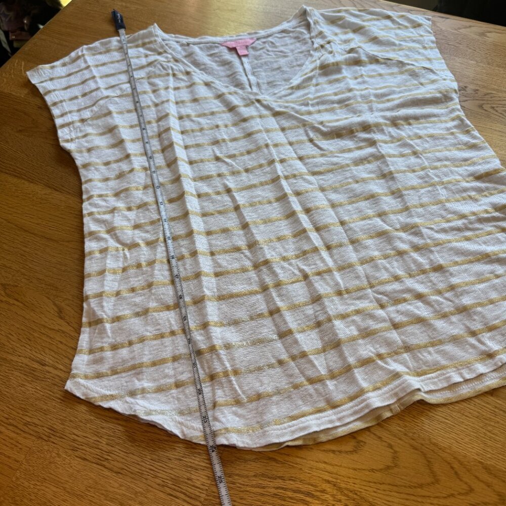 Lilly Pulitzer Rollins Linen Top Gold Serene Stripe Top Size Medium - Picture 7 of 9